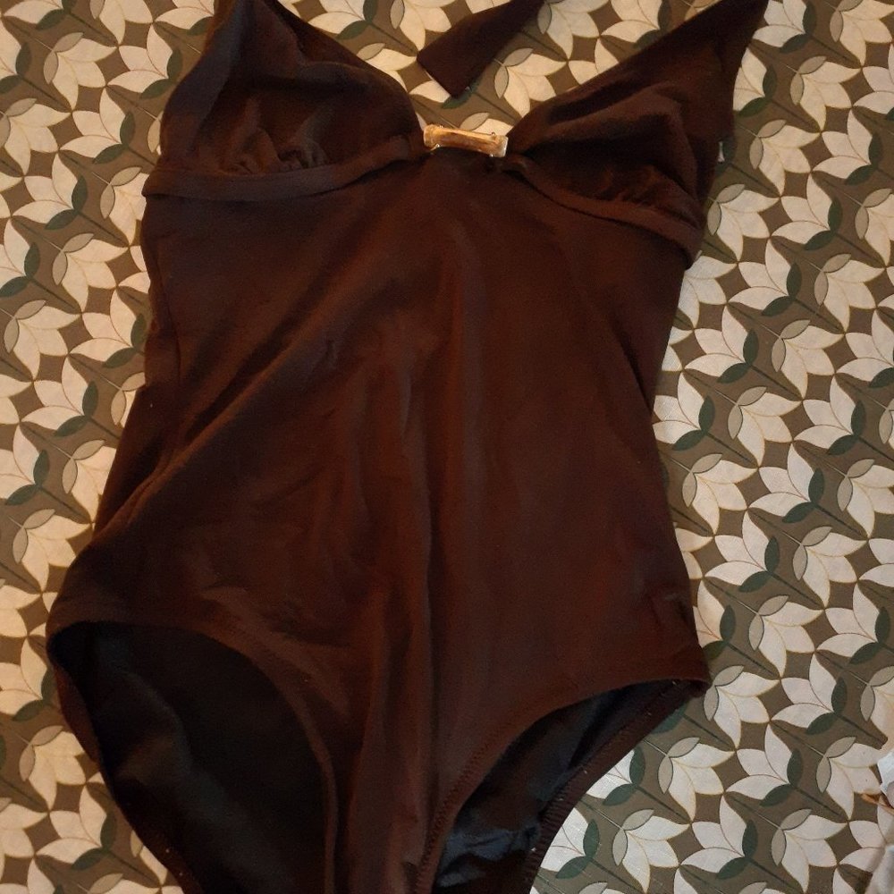 J CREW brown halter-style swimsuit with real bamboo detail